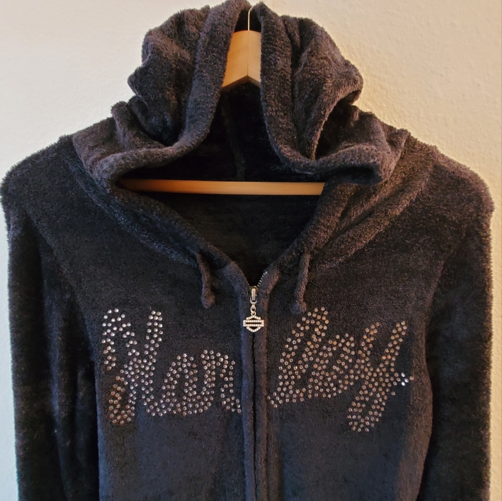 Harley-Davidson Velour Hoodie Size M/L Black with Golden Stones - Picture 1 of 8